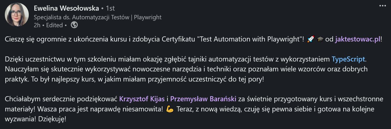 Opinia od kursantki o kursie Automatyzacja z Playwright od jaktestowac.pl