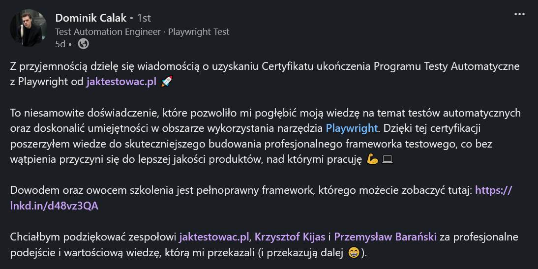 Opinia o kursie Automatyzacja z Playwright od jaktestowac.pl